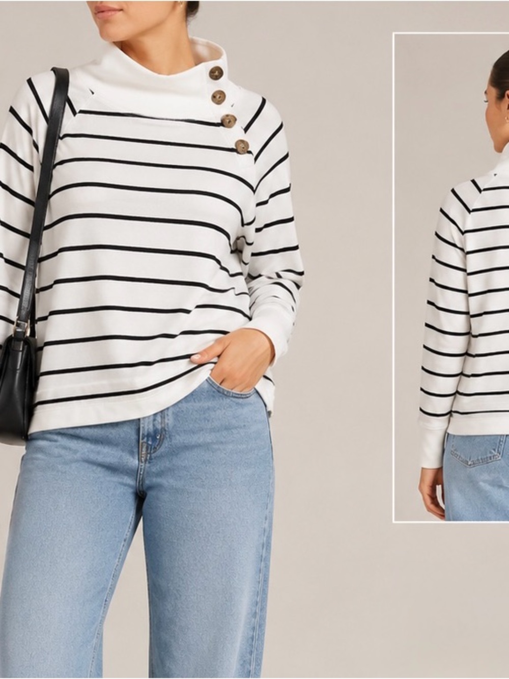 J. Crew White Black Striped Button-Shoulder Funnel Neck Sweater